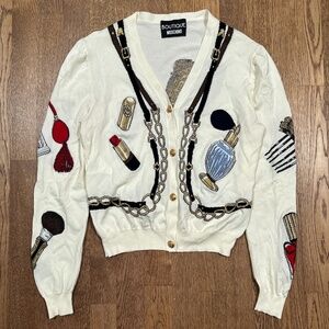 Boutique Moschino FW 2021 Make Up Print Viscose Cardigan Sweater Womens 14